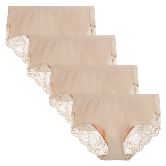 LIQQY Women's 4 Pack Combed Cotton Breathable High Rise Lace Full Coverage Brief Panty Underwear (2XL, Nude)