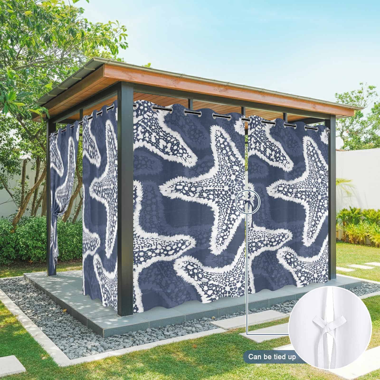 Navy Blue Starfish Outdoor Curtains for Patio, Coastal Summer Ocean Beach Nautical Modern Sunshade Privacy Drapes Grommet Waterproof Outside Curtains for Porch/Cabana/Balcony 54"x 108", 1 Panel