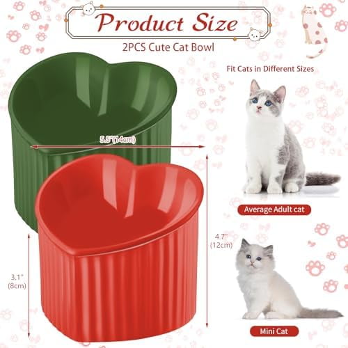 2 Pcs Ceramic Elevated Cat Bowls Tilted Elevated Raised Pet Bowls Anti Vomit Cat Dish for Indoor Stress Free Water Dish Feeder for Puppies, Heart Shaped (Red, Green)
