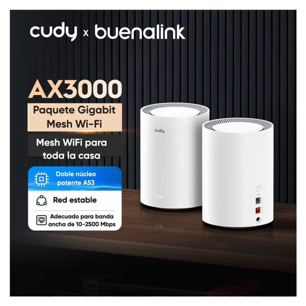 Sistema Mesh Wifi 6 Ax3000 Cudy M3000(2-nodos) Doble Banda, 200 M² Cobertura, Velocidad Hasta 2.5 Gbps, Conecta Hasta 200 Dispositivos, Vpn, Roaming Rápido, Control Por App