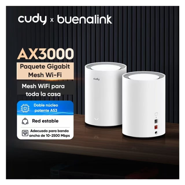 Sistema Mesh Wifi 6 Ax3000 Cudy M3000(2-nodos) Doble Banda, 200 M² Cobertura, Velocidad Hasta 2.5 Gbps, Conecta Hasta 200 Dispositivos, Vpn, Roaming Rápido, Control Por App