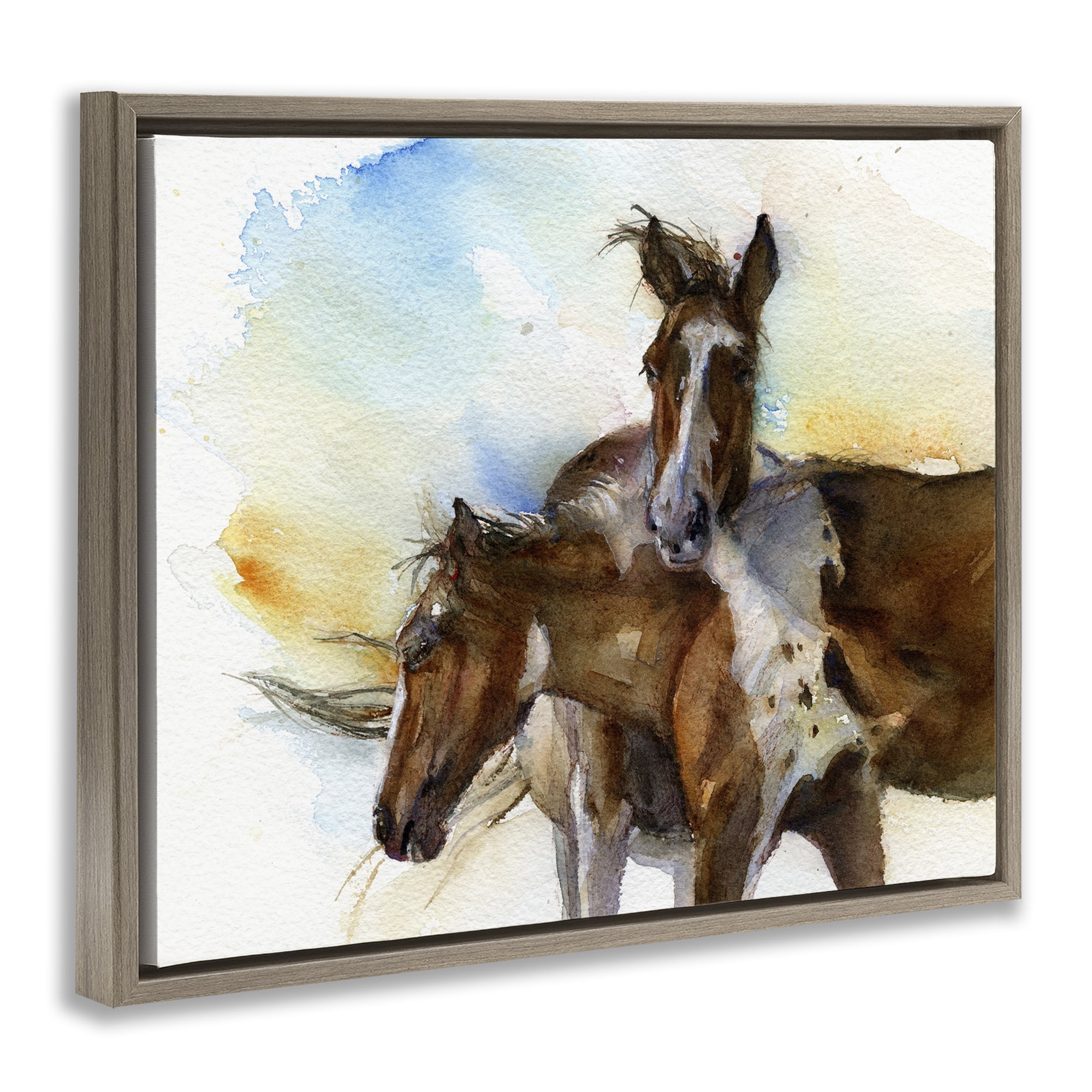 Stupell Industries Brown Horses Watercolor Animals & Insects Painting Brown Floater Framed Canvas Art Print Wall Art, 21 x 17
