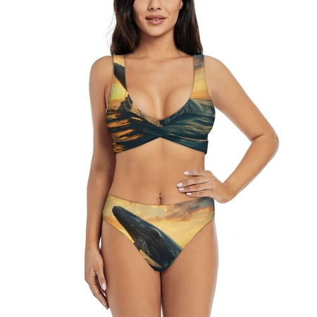 Zeuib Sunset Ocean Whale High Waisted Tummy Control Bikini Set - Knot Front Push Up Top & Cheeky Thong Bottom  Two-Piece Swimsuit for Women-XX-Large