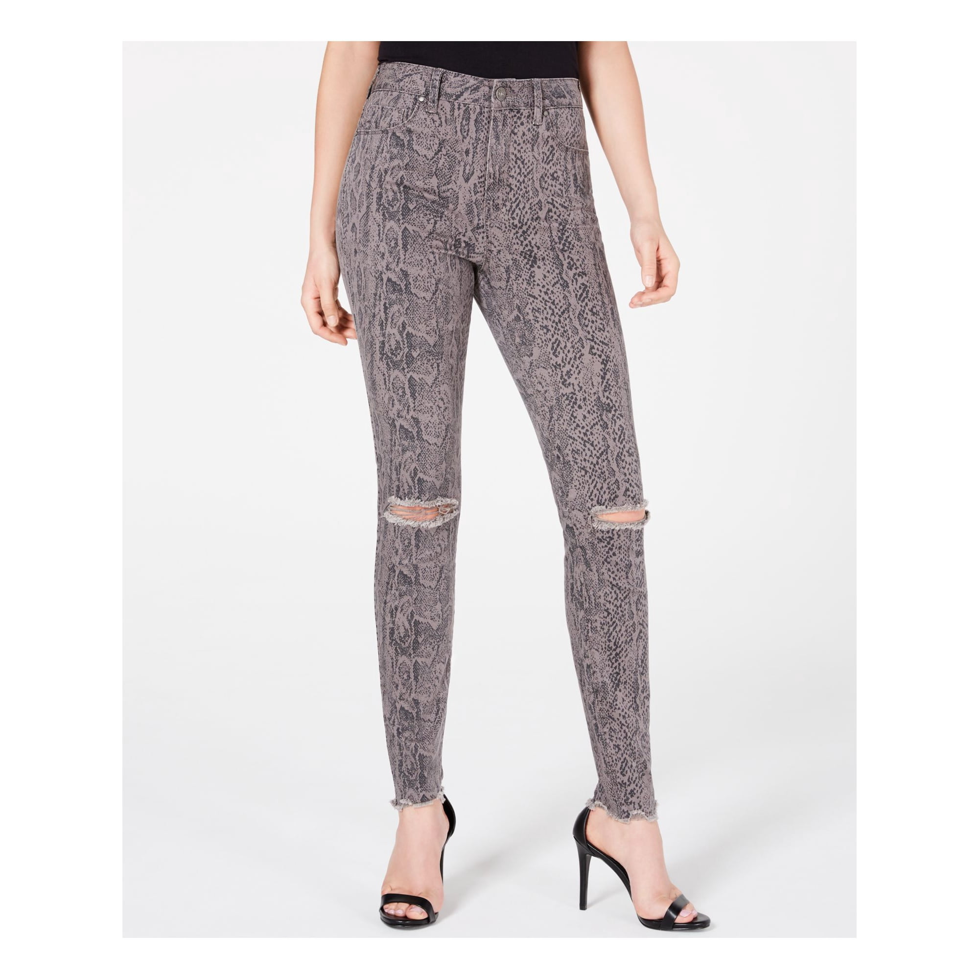 REWASH Pantalon Skinny Imprime Animal Taille Haute a Poches Grises pour Femmes 13R W31