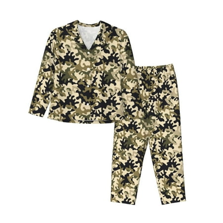 2 Piece Womens Pajama Sets - Green Black Camouflage Soft Sleepwear Comfy Pajamas Ladies Pj Lounge Sets with Pockets  Long Sleeve Button Shirt and Pajama Pants Pjs Sets for Women