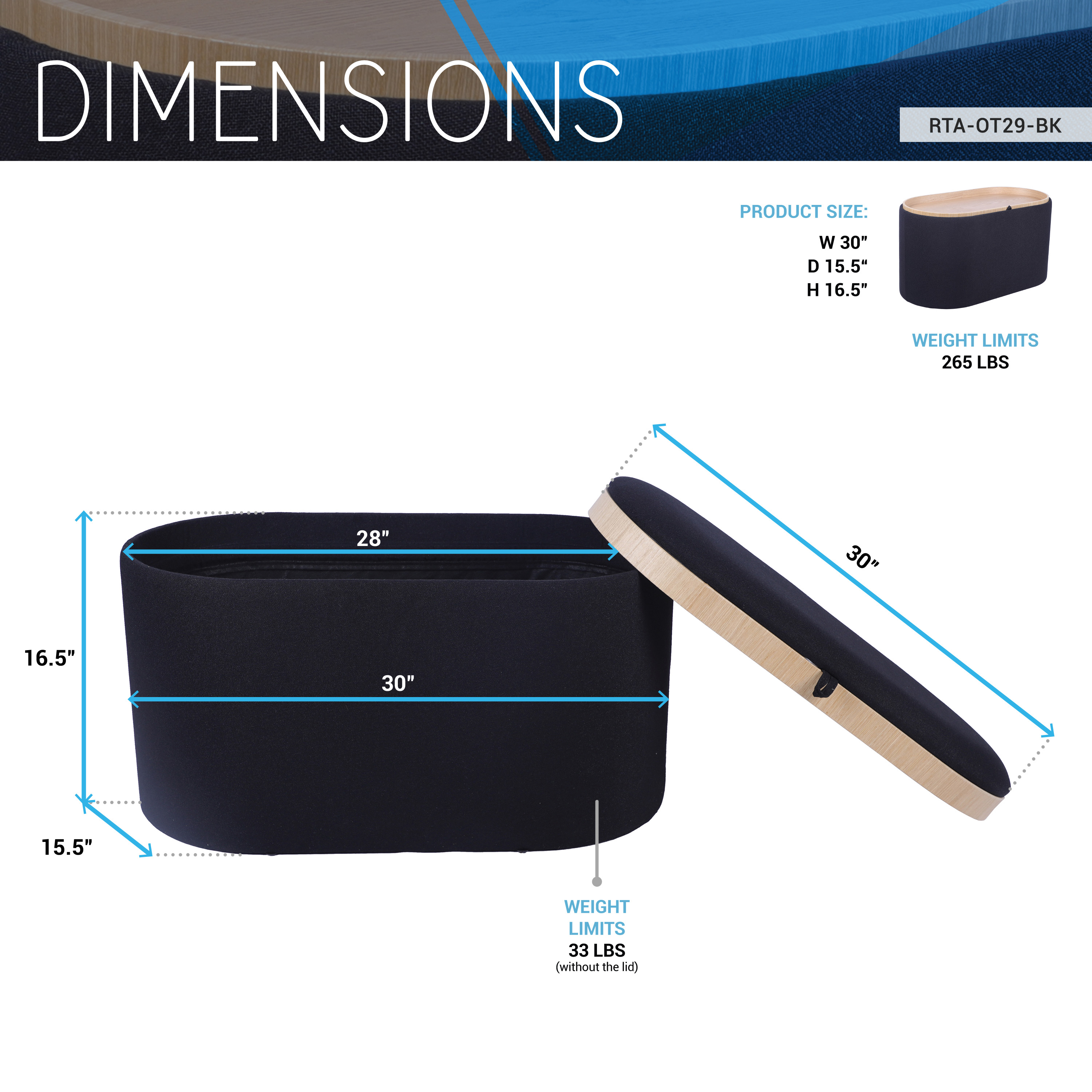 Techni Home Storage Ottoman with Reversible Tray Top, Black