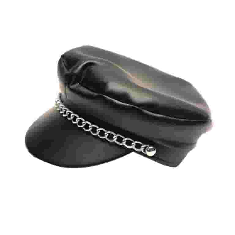 Faux Black Leather Biker Chain Hat Sexy Cosplay Halloween Party Motorcycle Cap Faux Black Leather Biker Chain Hat Sexy Cosplay Halloween Party Motorcycle Cap
