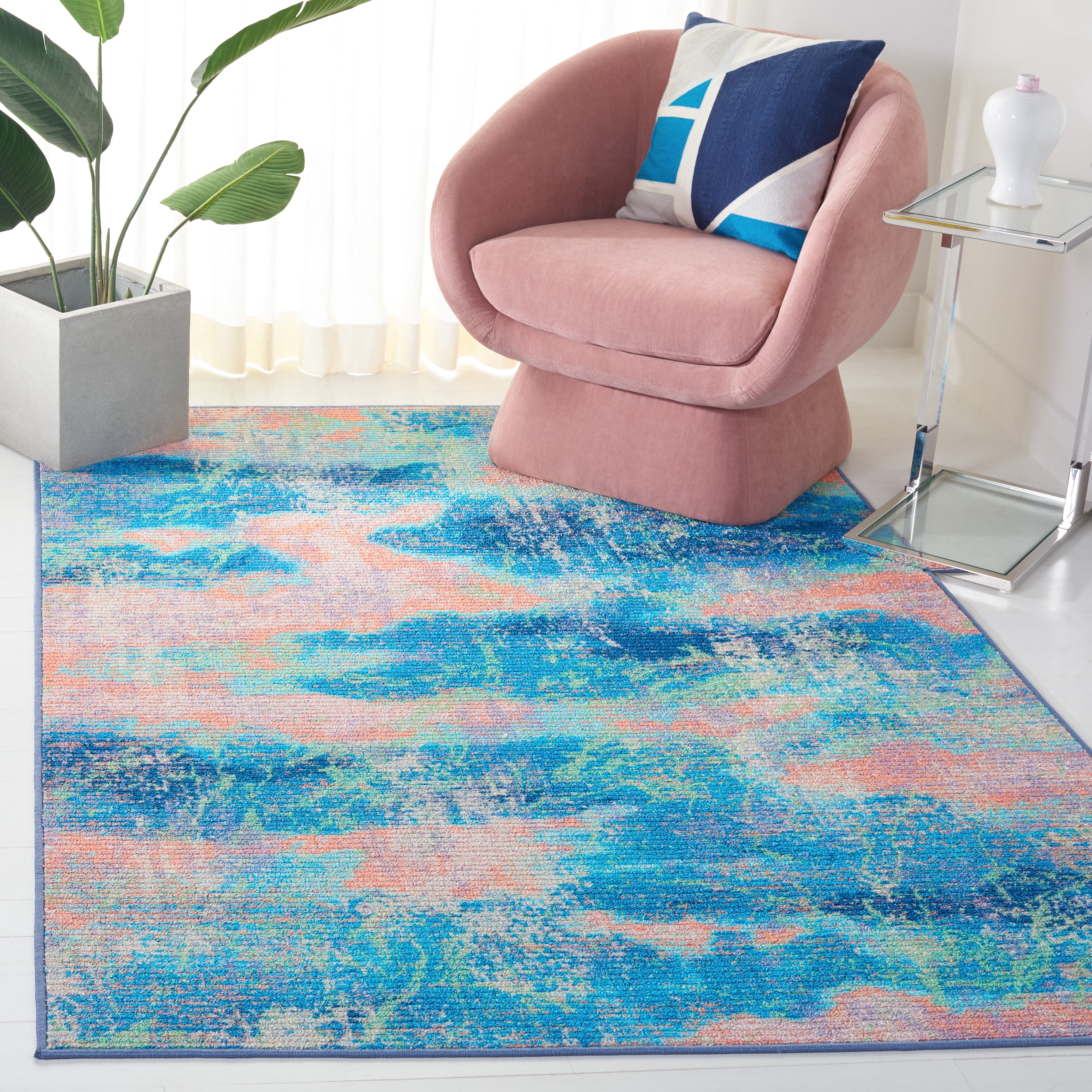 SAFAVIEH Sequoia Jeana Abstract Machine Washable Area Rug, 4'4" x 6', Blue/Orange