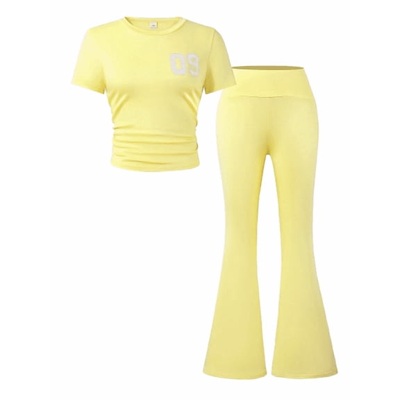 PureChapter Girls Clothing Sets Girls Summer Outfit "09" Print Short Sleeve T Shirts & Flare Pants Casual 2 Piece for 13-16Y Teen