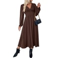 thumbnail image 2 of Vestido de Dama de de Satén Plisado con Cuello en V y Larga para Mujer Marrón XL, 2 of 10