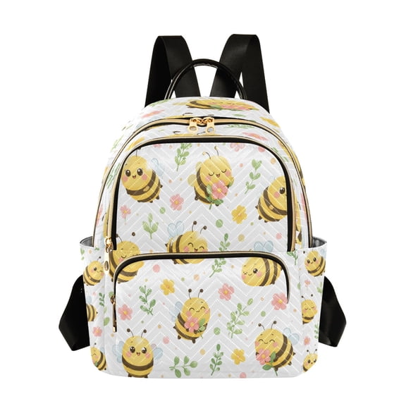 RMDQTR Quilted Backpack Lightweight Casual Daypack with Multi Zipper Pockets for Travel Daily Use Shopping Sports Soft Cartoon Bee Floral Design