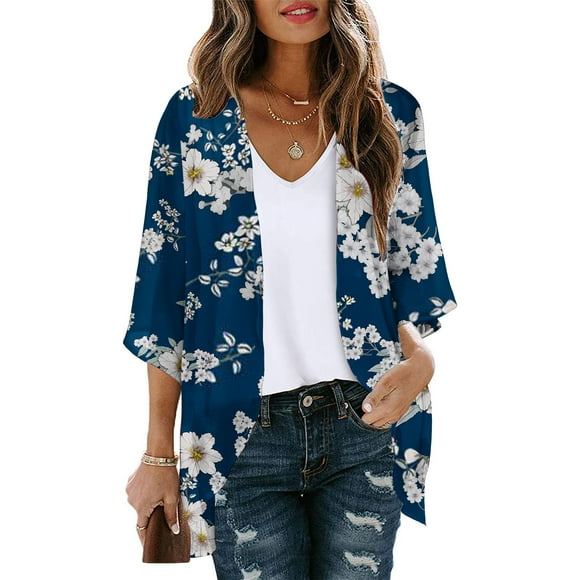 lcziwo 2024 Women's Kimono Cover Up Kimonos for Women Floral Print Lightweight Chiffon Kimonos Cardigan Puff Sleeve Loose Beach Wear Cover Up Blouse Tops Blue XL