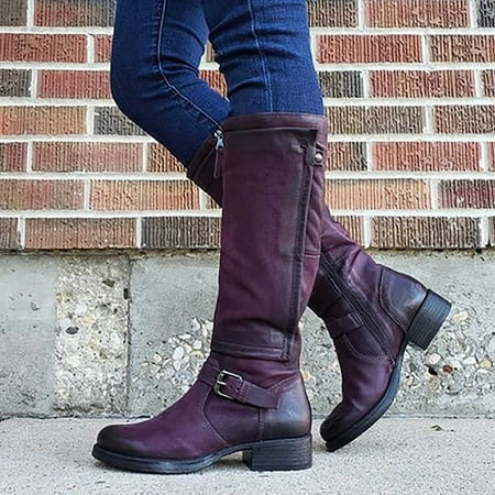 Holiday Savings 2022! Rourlinge Fashion Large Size Boots Women Autumn Long Tube Low Heeled Shoes Boots Knight Boots Purple 40