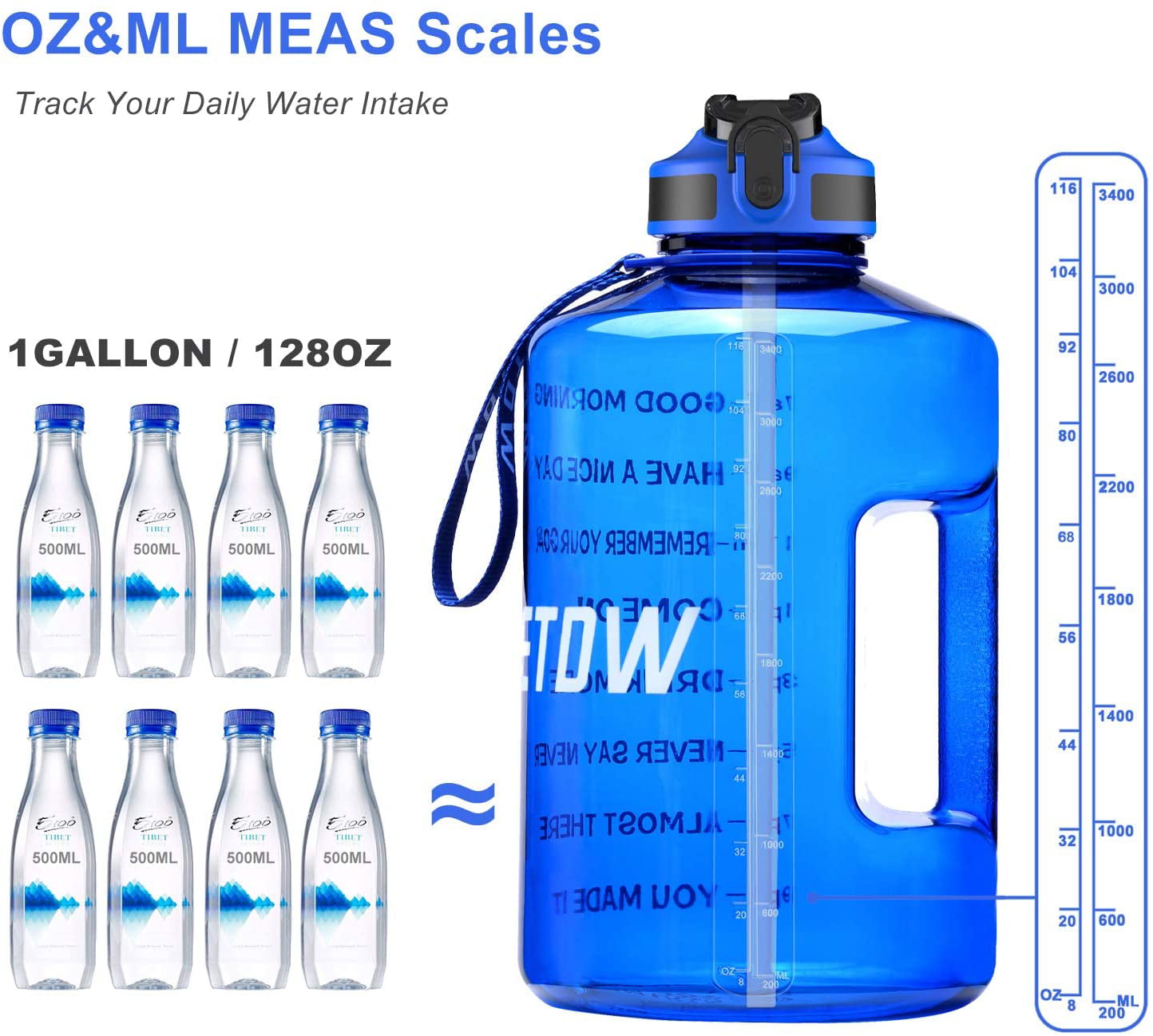 ETDW Gallon Water Bottle with Straw and Time Marker 128OZ/74OZ BPA Free Huge Water Jug with Handle Leakproof Pop Up Water Container for Daily Water Intake 