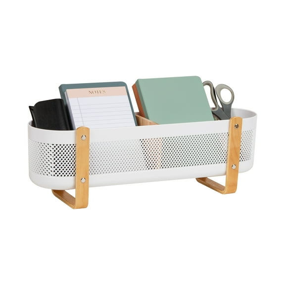 Mind Reader Divided Storage Basket with Legs, Desktop Organization, Office, Plastic, White and Brown