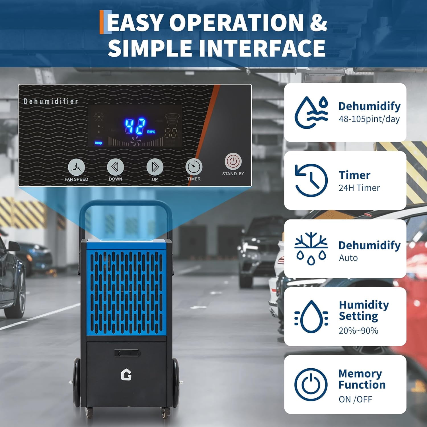 Zzistar Commercial Dehumidifier for Basement, Large Space,8000 Sq.Ft ，105 Pint Dehumidifier with Drain Hose, Timer and 4 Wheels，24H Timer, Child Lock