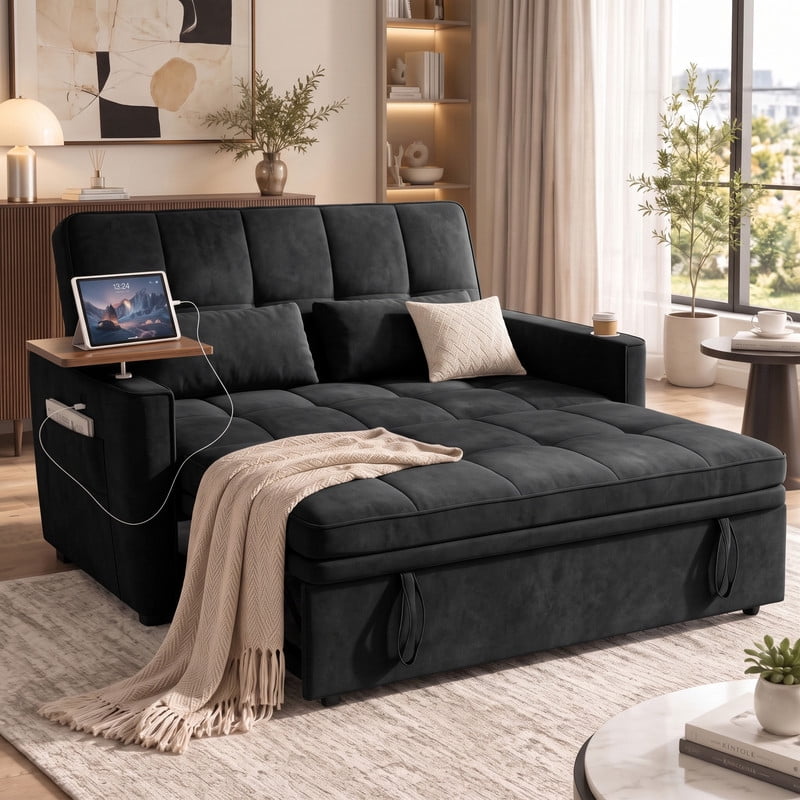 avobird 54'' Pull Out Sofa Bed, Convertible Sleeper Couch for for Living Room, Side Desk, USB Ports, Cup Hold, Velvet Fabric, Adjustable Backrest, Black