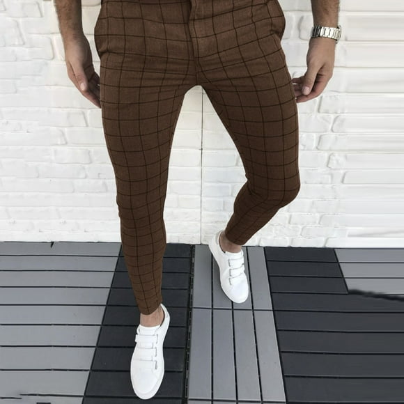 jsaierl Men's Dress Pants Casual Plaid Flat-Front Skinny Business Pencil Long Pants Pocket Plaid Slim Formal Trousers