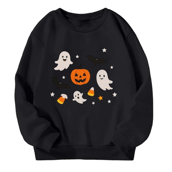 Bainana Halloween Girls Sweatshirts Pumpkin Ghost Print Long Sleeve Crewneck Pullover Tops Loose Fit Casual Girls Halloween Theme Casual Wear Size 3-4 Years Black
