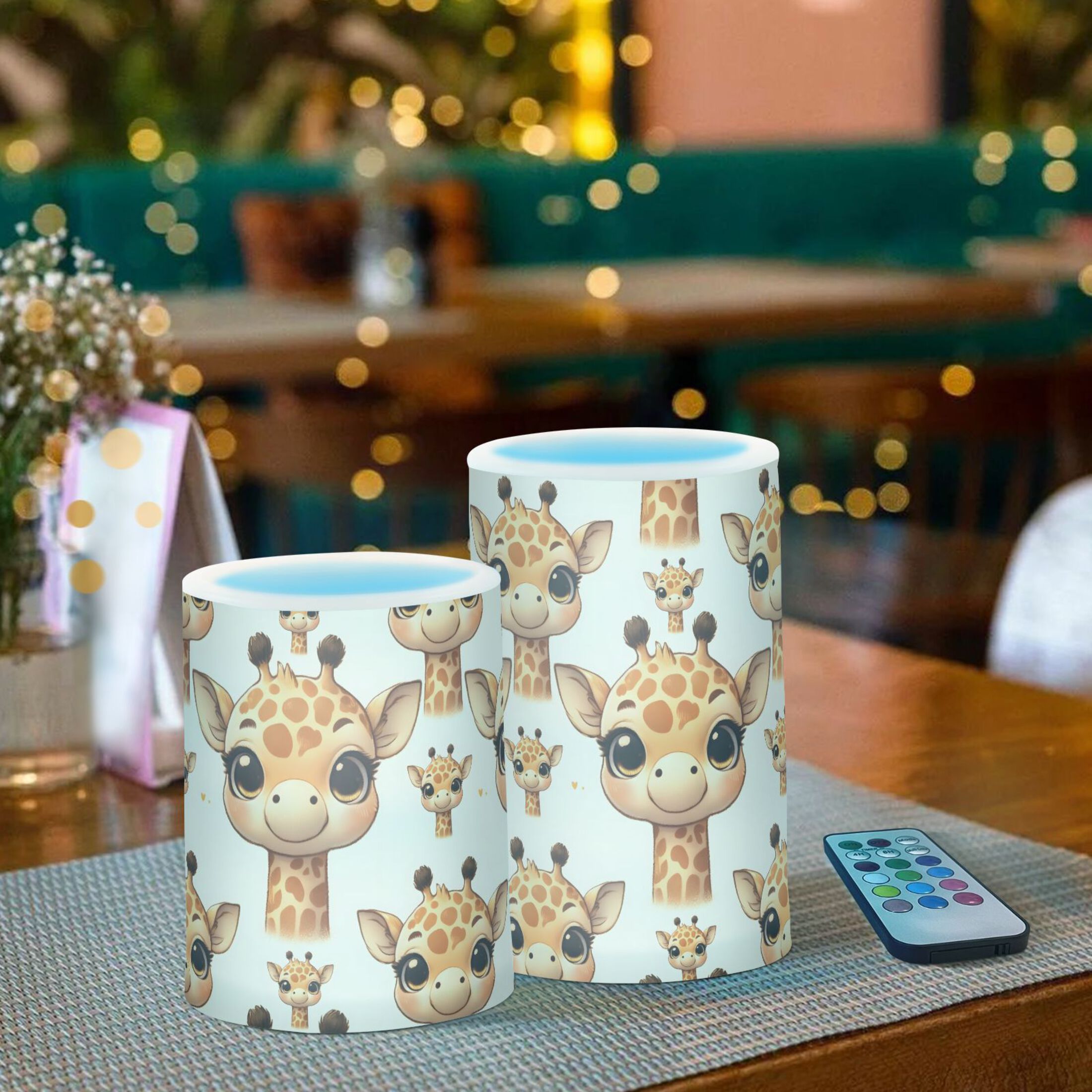Cute Baby Giraffe Head Flickering Flameless LED Candles set of 2 Battery Operated 18-Key Remotes Timer Halloween Fall Decor D3''xH4''5''