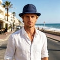 thumbnail image 2 of OOOUM Men Mesh Fedora Hat Solid Band Decor Breathable Straw Hat Lightweight Travel Beach Vacation Sun Hat Navy, 2 of 4