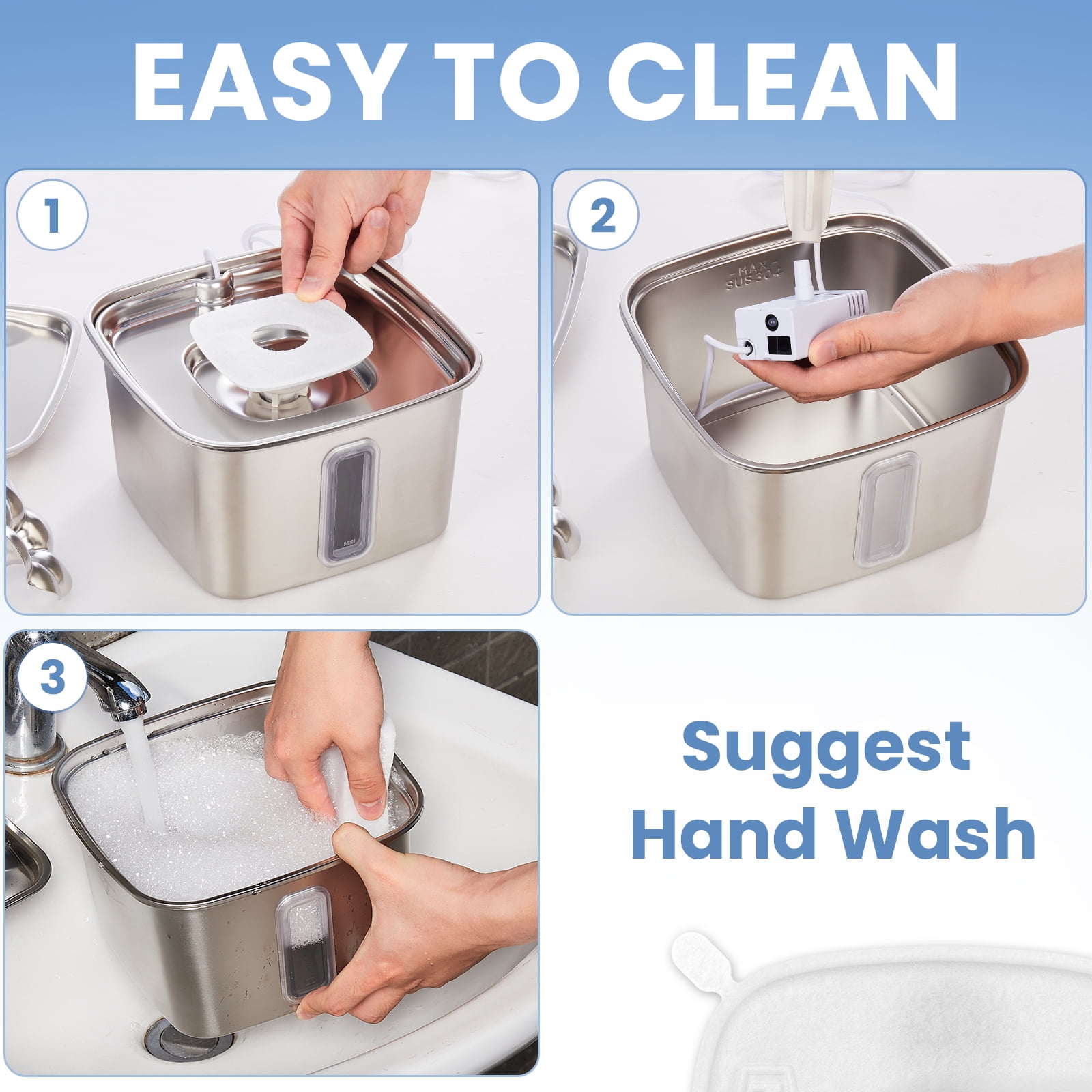 Ophanie 108oz/3.2L Stainless Steel Cat Water Fountain with 3 Replacement Filters & Silicone Mat, Automatic Water Dispenser for Cats and Dogs, Electric Drinking Bowl Suitable for Multiple Pets, Silver
