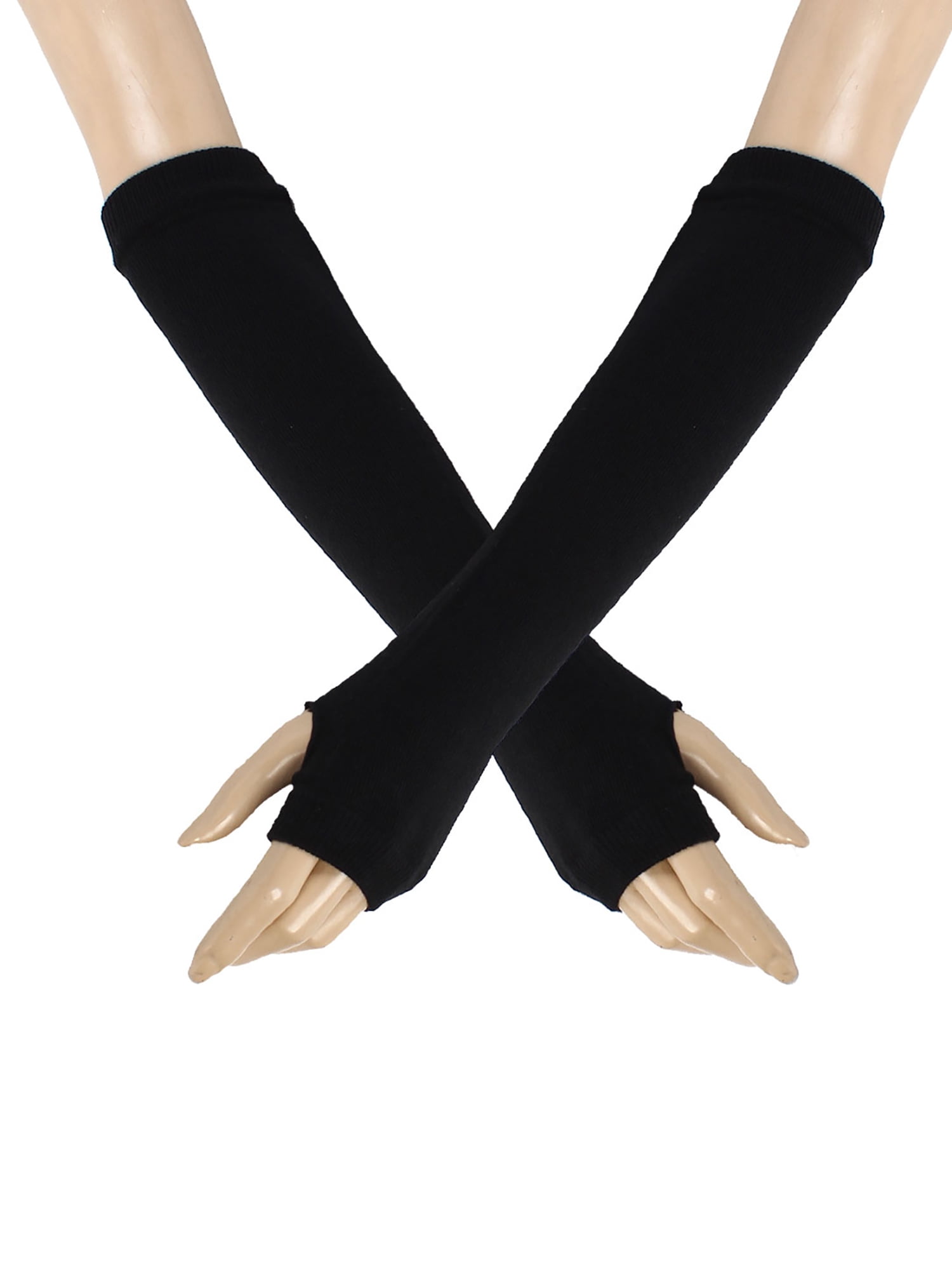 Pair Black Thumb Hole Elastic Fingerless Winter Warm Elbow Gloves for