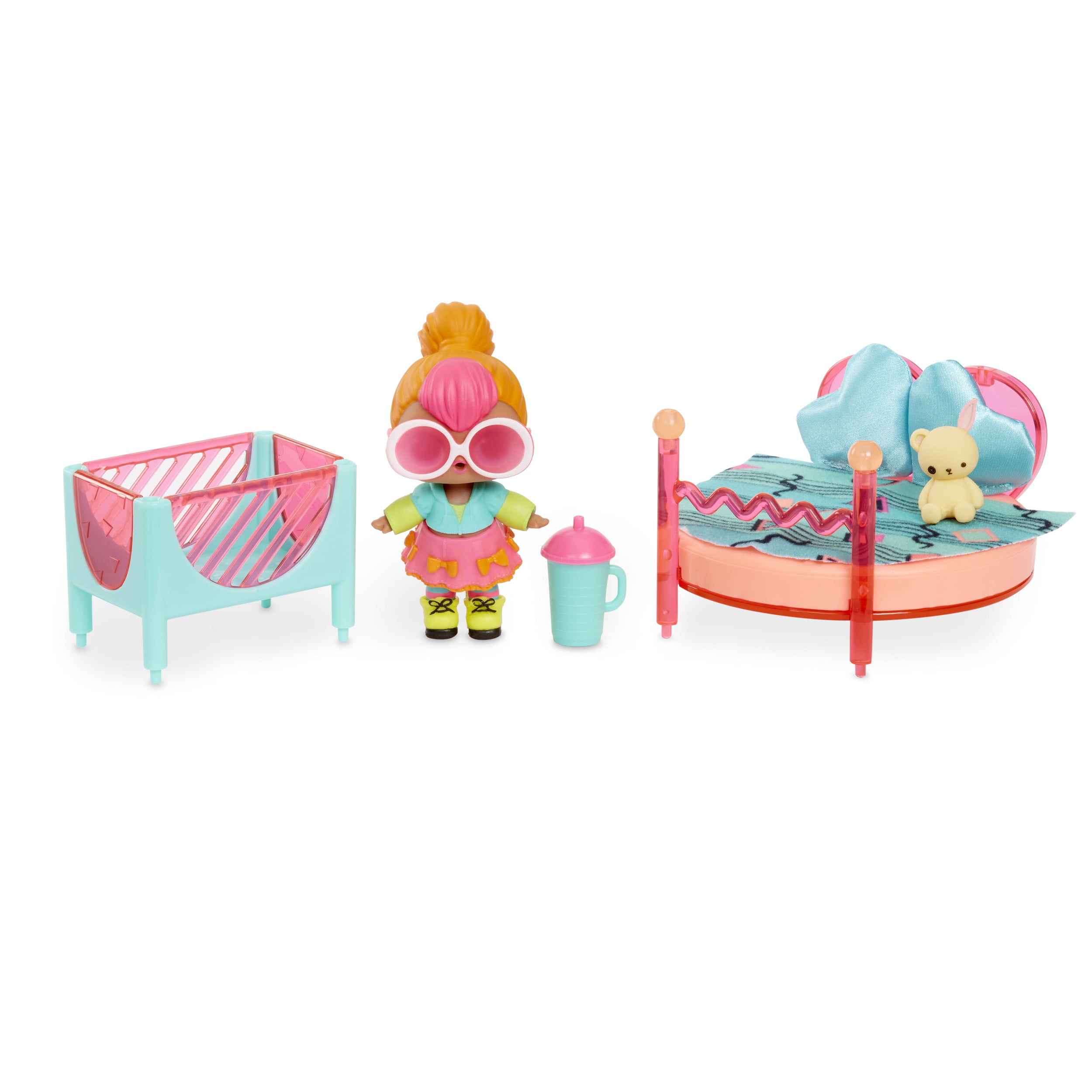LOL SURPRISE FURNITURE SPACES BEDROOM PLAYSET WITH NEON Q.T DOLL 