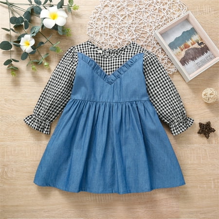

Toddler Christmas Dress Long Ruffled Sleeve Patchwork Plaid