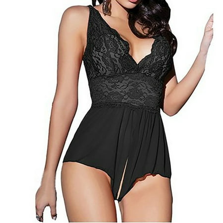 

UoCefik Women One Piece Lingerie Bodysuit See Through Hollow Out Babydoll Lace Sexy Teddy Black XXL