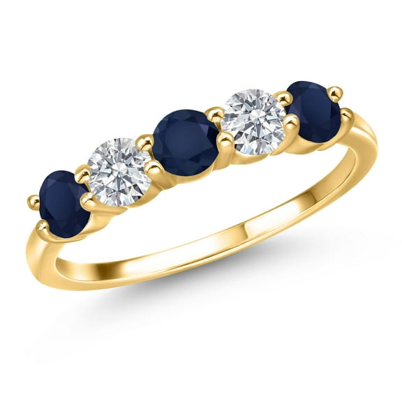 Gem Stone King 18K Yellow Gold Plated Silver Blue Sapphire and E - F Lab Grown Diamond Wedding-Bands Ring for Women | 1.59 Cttw | Round 4MM | Gemstone September Birthstone | Size 5