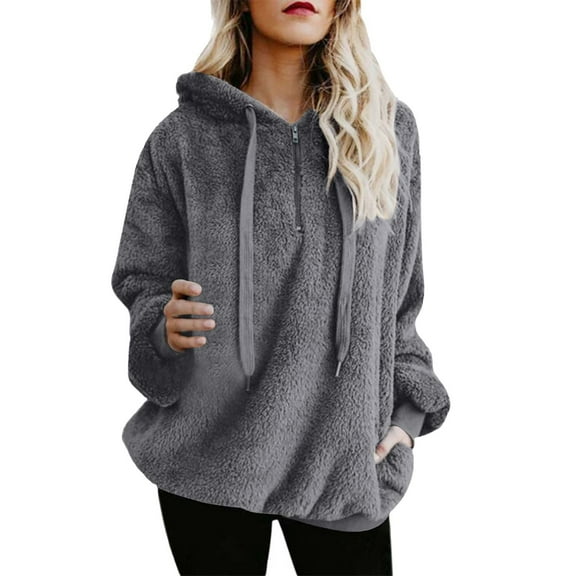 Lovskoo 2024 Women's Long Sleeve Sherpa Pullover Fuzzy Fleece Sweatshirt Hooded Sweater Winter Warm Quarter Zipper Pockets Cotton Coat Outwear Dark Gray