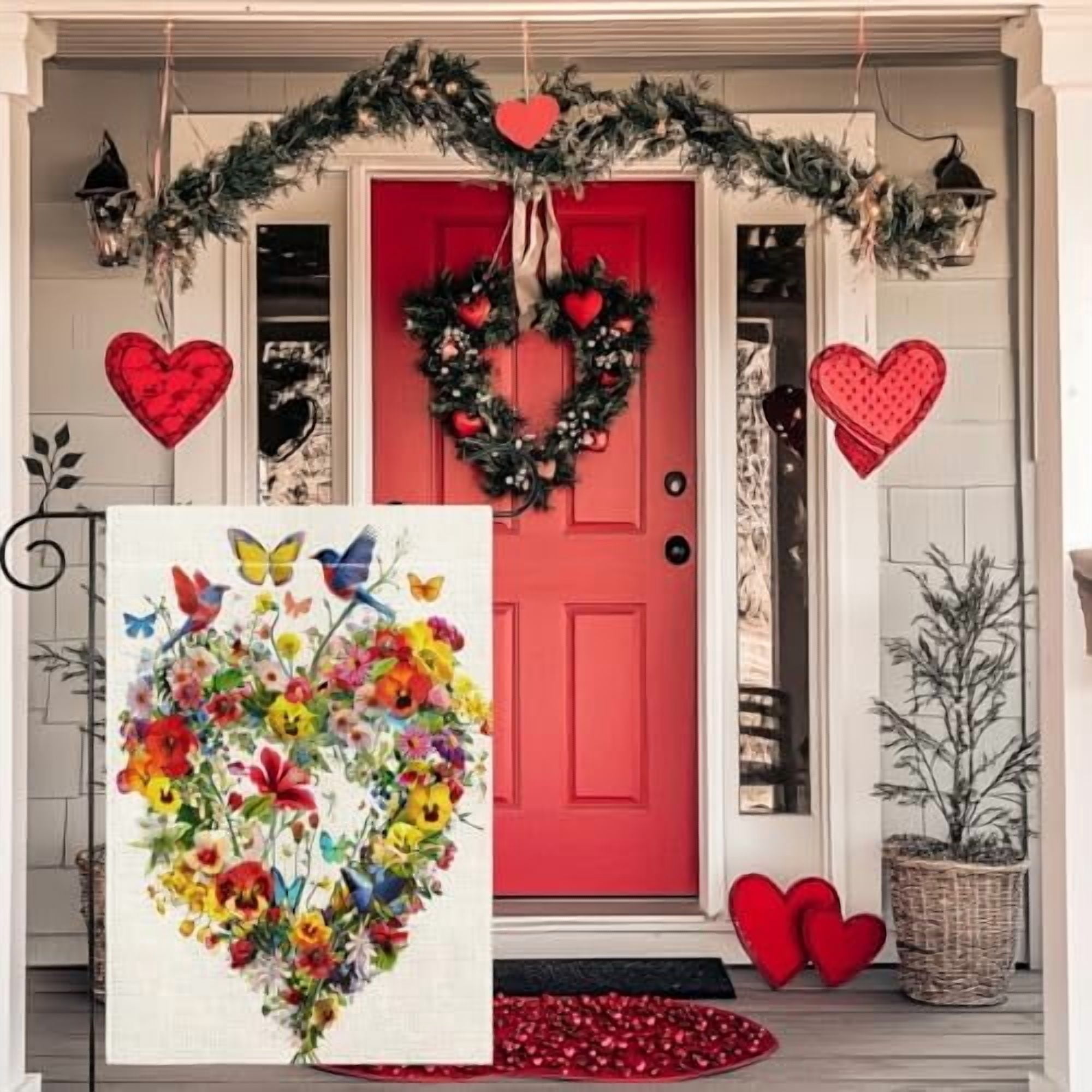 Spring Summer Birds Flowers Butterflies Garden Flag for Outside, Colorful Floral Love Hearts Outdoor Yard Flag 12x18 Inch Double Sided Burlap