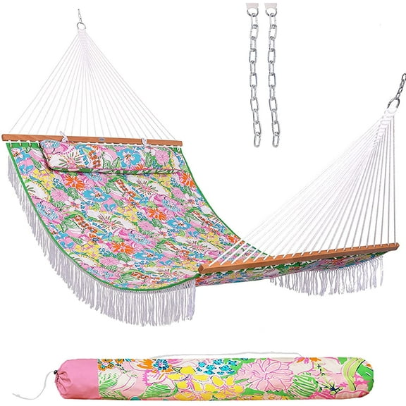 Hammocks 12 FT Double Layered Quilted Fabric Hammock Swing with Pillow and Carrying Bag, Elegant Tassels and Spread Bar Heavy Duty Stylish for Two Person, Floral