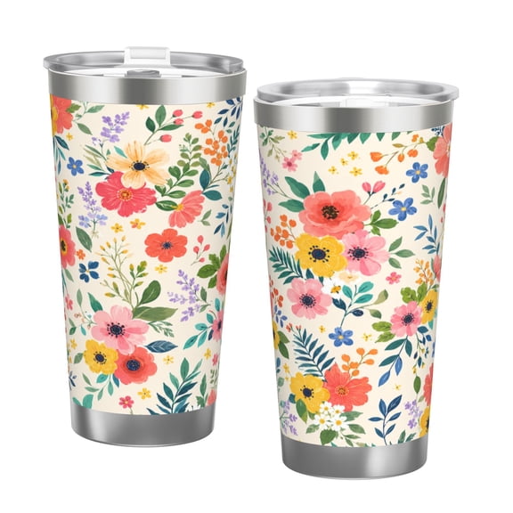 20oz Colorful Wildflower Tumbler with Handle and Straw Floral Insulated Travel Coffee Cup Gift with Double Silver Rim