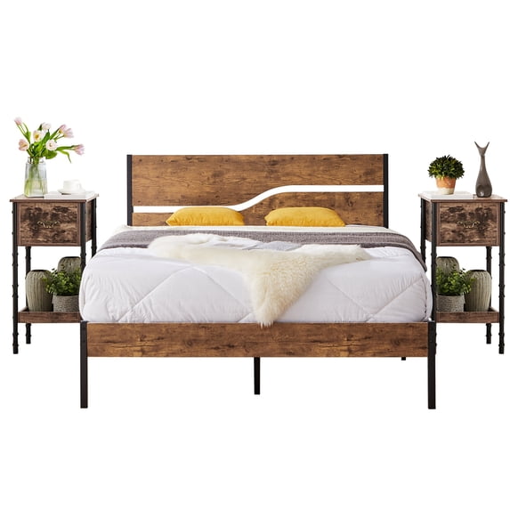 VECELO 3-Piece Bedroom Set with Full Metal Bed Frame and 2 Nightstand (Set of 3)