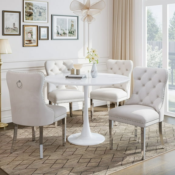 5-Piece 31.5" Round Dining Table Set, Mid-Century Modern All-Metal Kitchen Table with Velvet Nailhead Trim Chairs & Stainless Steel Legs, for 4, Small Spaces, Apartments, Living Room