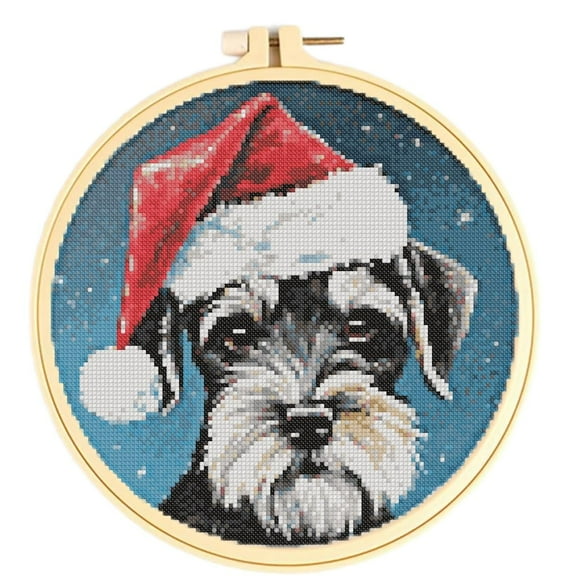 Easy Cross Stitch Kits for Starter Kits Christmas Schnauzer DIY 11CT Pre-printed Patterns Embroidery Needlepoint Cross Stitching Needlework Kit Set Supplies with Hoop 38x38cm