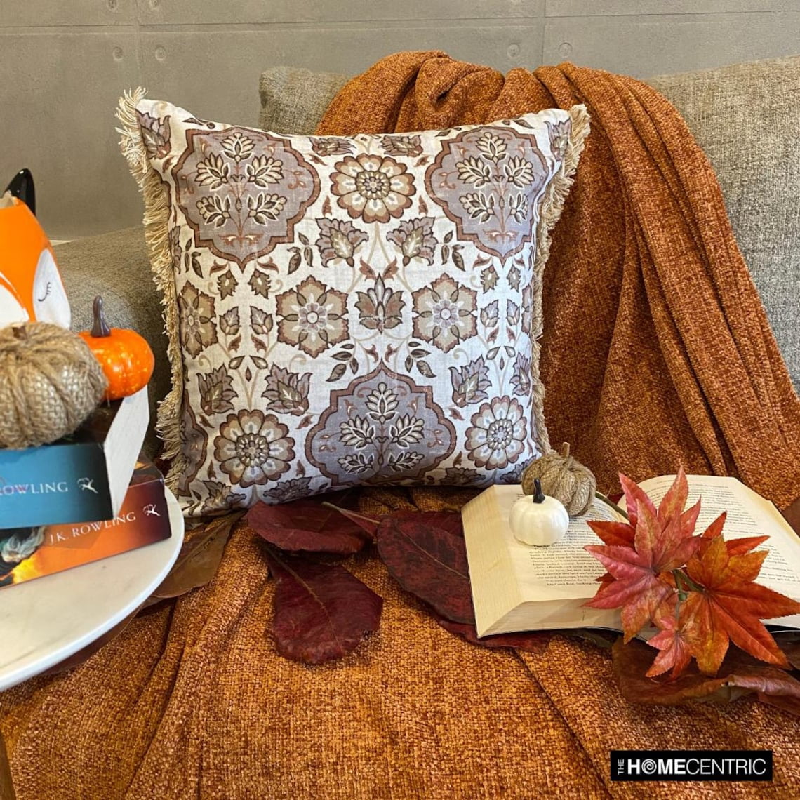 Fall Decorative Throw Pillow cover Beige & Gray 22"x22" (55x55 cm) Velvet Art Deco, Autumn Decor, Fall Decor, Printed, Lace Pillow cover, Floral Modern Style - Autumn Serenade
