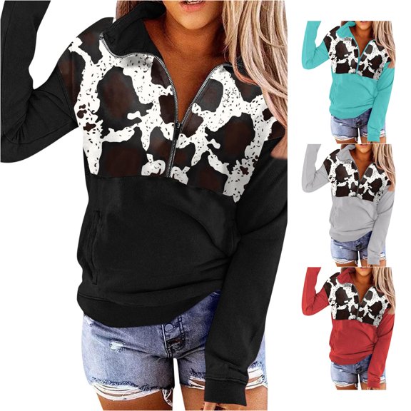 XIAOCHA Cow Print Half Zip Hoodie for Women Color Block Solid Walking Hooded Top