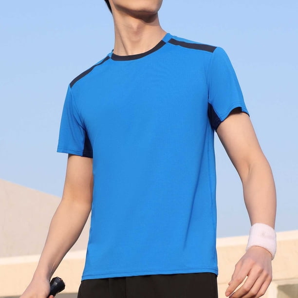 pstuiky camiseta de hombre, Blusa deportiva informal de color liso con cuello redondo y manga corta elástica para hombre ropa de hombre xxl