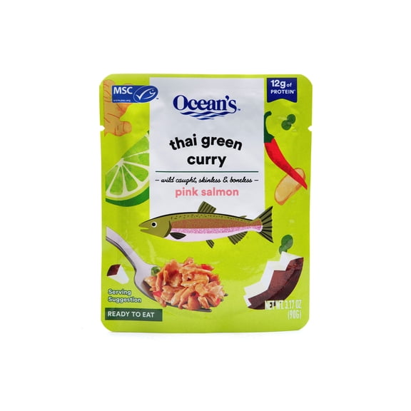 Ocean's Wild Alaskan Pink Salmon, Thai Green Curry, 12g Protein, Shelf-Stable, 3.17 oz Pouch