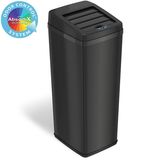 iTouchless 14 Gallon Matte Black Steel Sensor Trash Can with Retracting