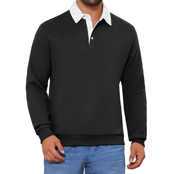 INSPIRE CHIC Men's Contrast Collared Long Sleeves Pullover Polo Sweatshirt M Black