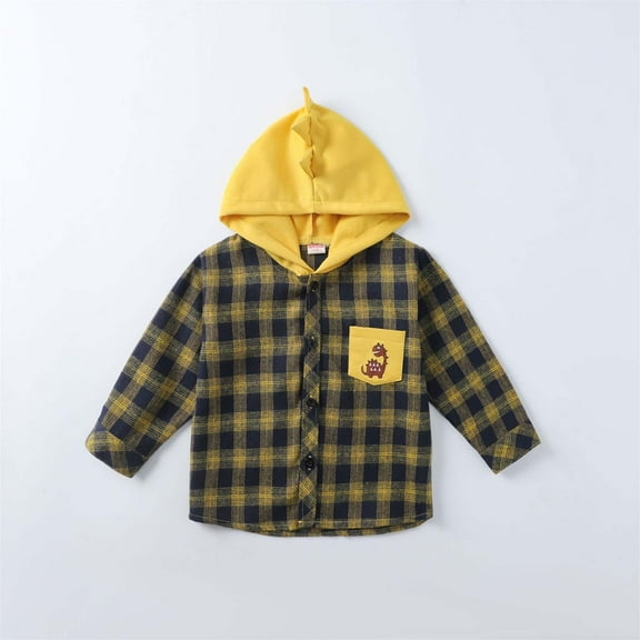 ATOGUTA Boy Coats Spring and Autumn Styles Classic Checked Hooded Shirt Children's Clothing Yellow, Size 1T-8