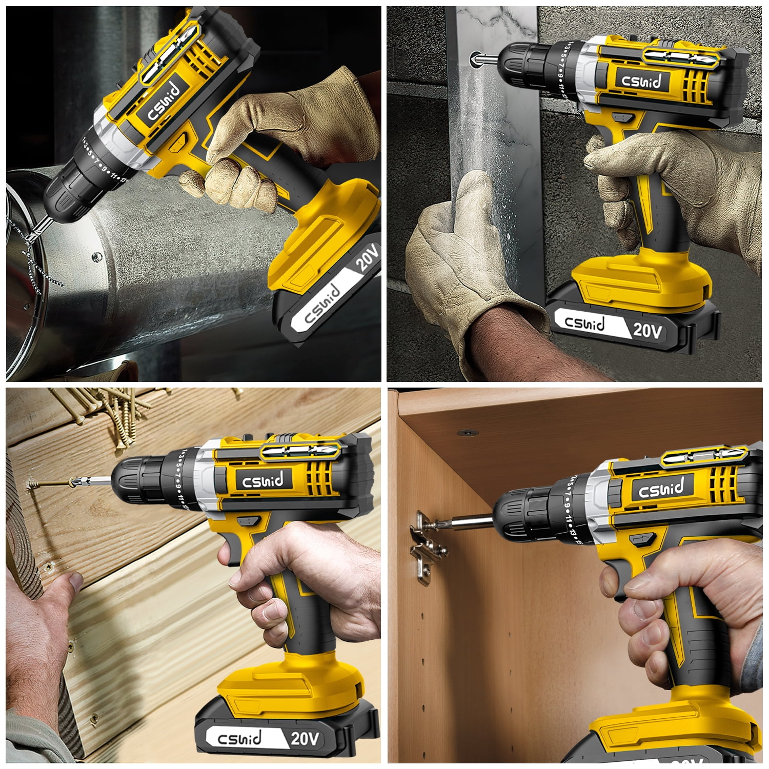 Cshidworld 20V Cordless Power Drill Set, Drill Kit with 1 Lithium-Ion & Charger, 3/8" Keyless Chuck, Electric Drill W/ 2 Variable Speed & LED Light, 25+1 Position and 34pcs Drill/Driver Bits(Yellow)