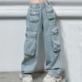 thumbnail image 6 of Kids Girls Wide Leg Denim Cargo Pants Casual Baggy Jeans High Waist Floor Length Jeans with Pockets, 6 of 8