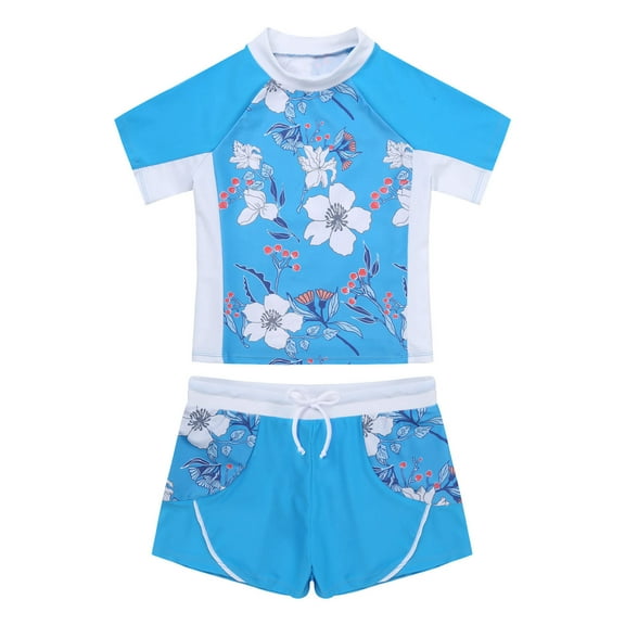 YEAHDOR Girls Youth 2Pcs Flowers Leaves Prints Swimsuit Rash Guard Tops with Boyshorts Swimsuit