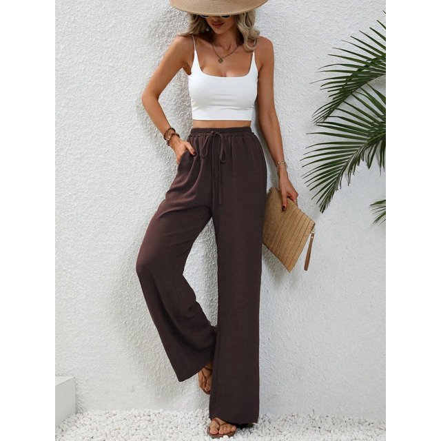 Pantalones casuales de pierna ancha con trapeador de color sólido versátiles de primavera y verano para mujer europea y americana