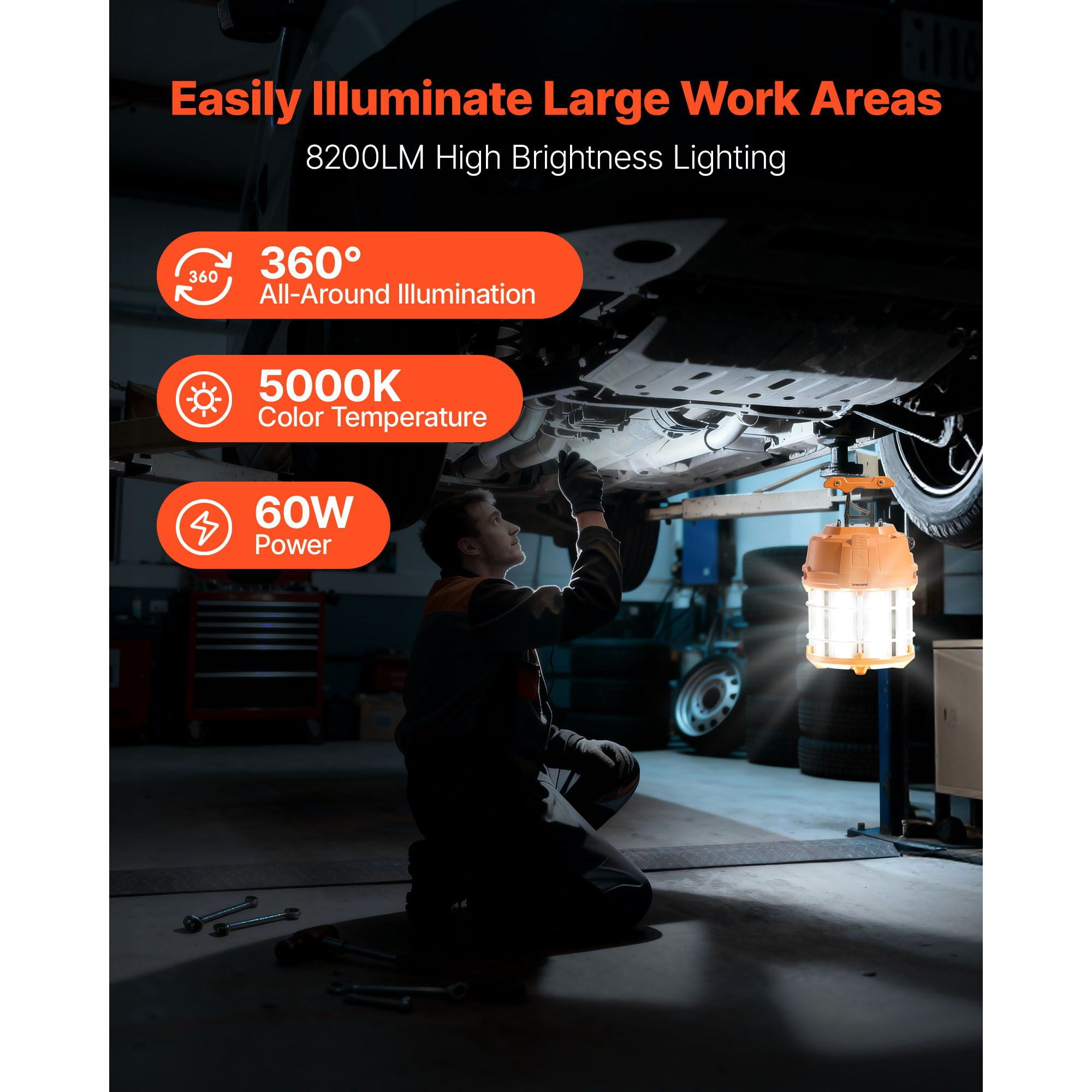 LED Temporary Work Light 60W 8200lm 360° Illumination Linkable with Metal Guard for Construction Site